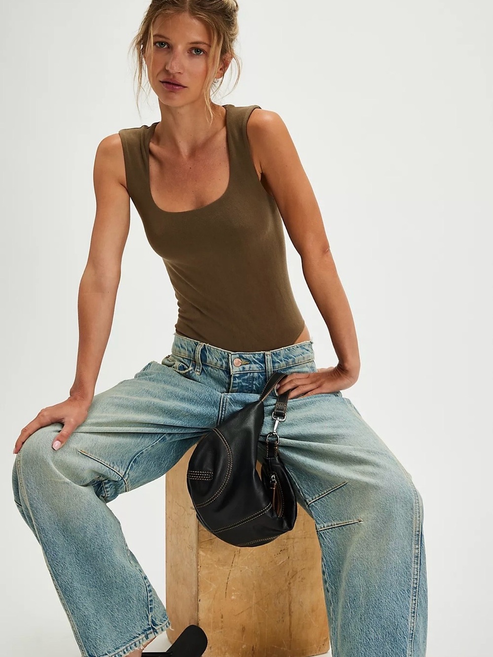 NWT FREE PEOPLE- Luna Square Neck Bodysuit Military Olive Size L/XL